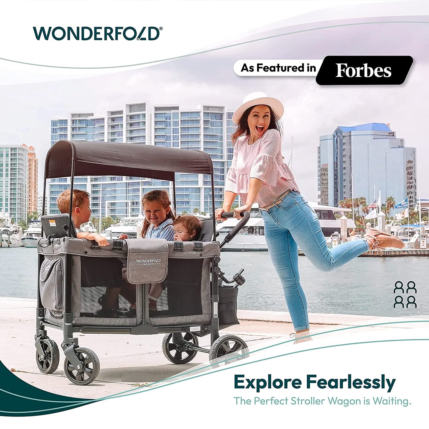 W4 Original Stroller Wagon (4 Seater) - Collapsible Wagon Stroller with Seats with 5-Point Harnesses, Easy Access Zipper Door, and Removable Sun Canopy, Black