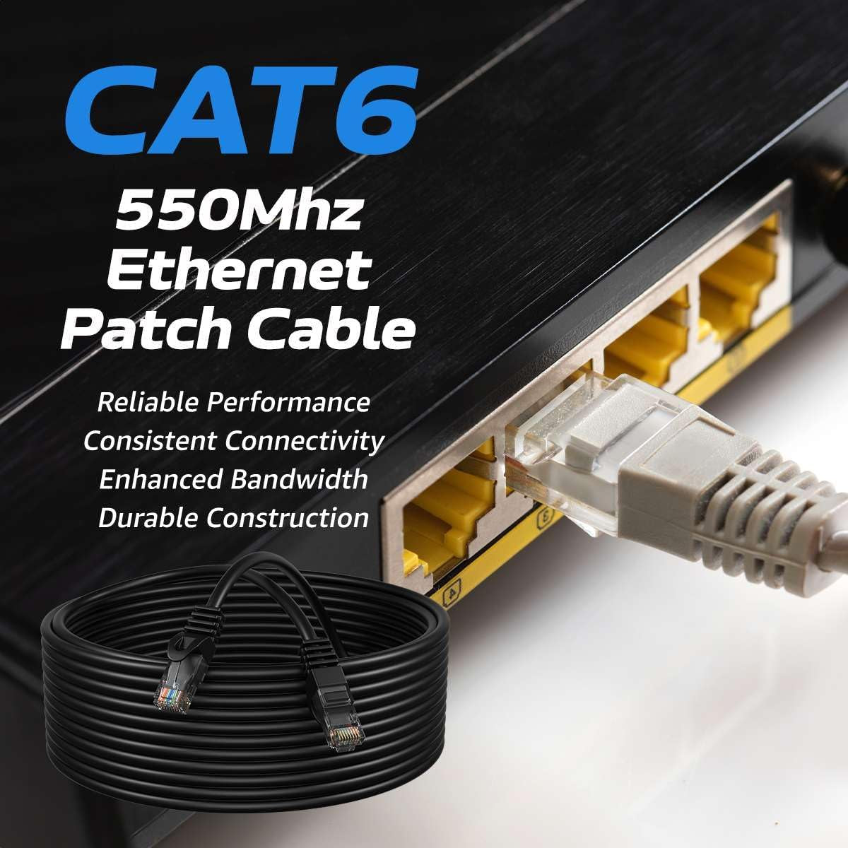 Cat6 50FT Network Ethernet Patch Cable, 550Mhz Internet Wire, Compatible with PC, Laptop, Modem, Router, Tvs, Printer Cord, Consoles for Home and Office, Black