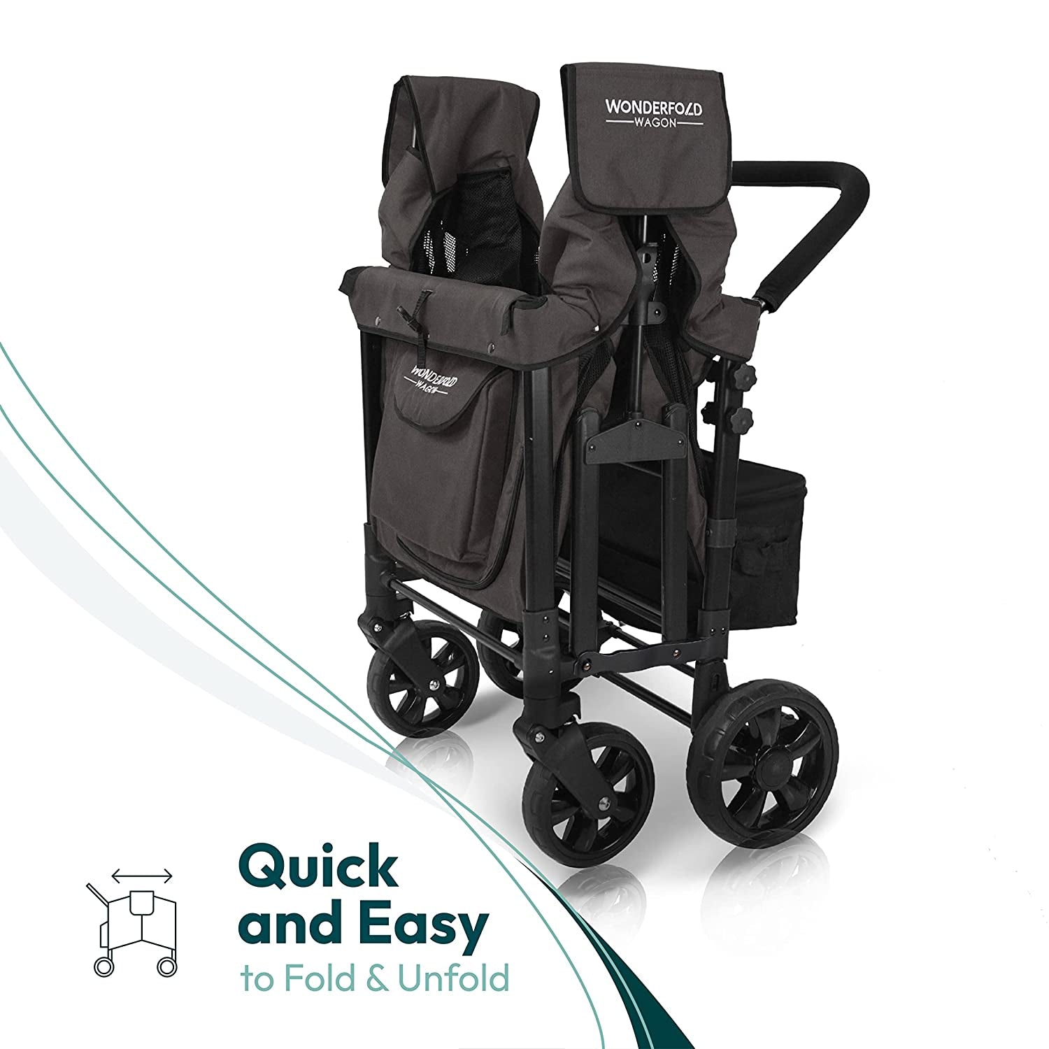 W4 Original Stroller Wagon (4 Seater) - Collapsible Wagon Stroller with Seats with 5-Point Harnesses, Easy Access Zipper Door, and Removable Sun Canopy, Black