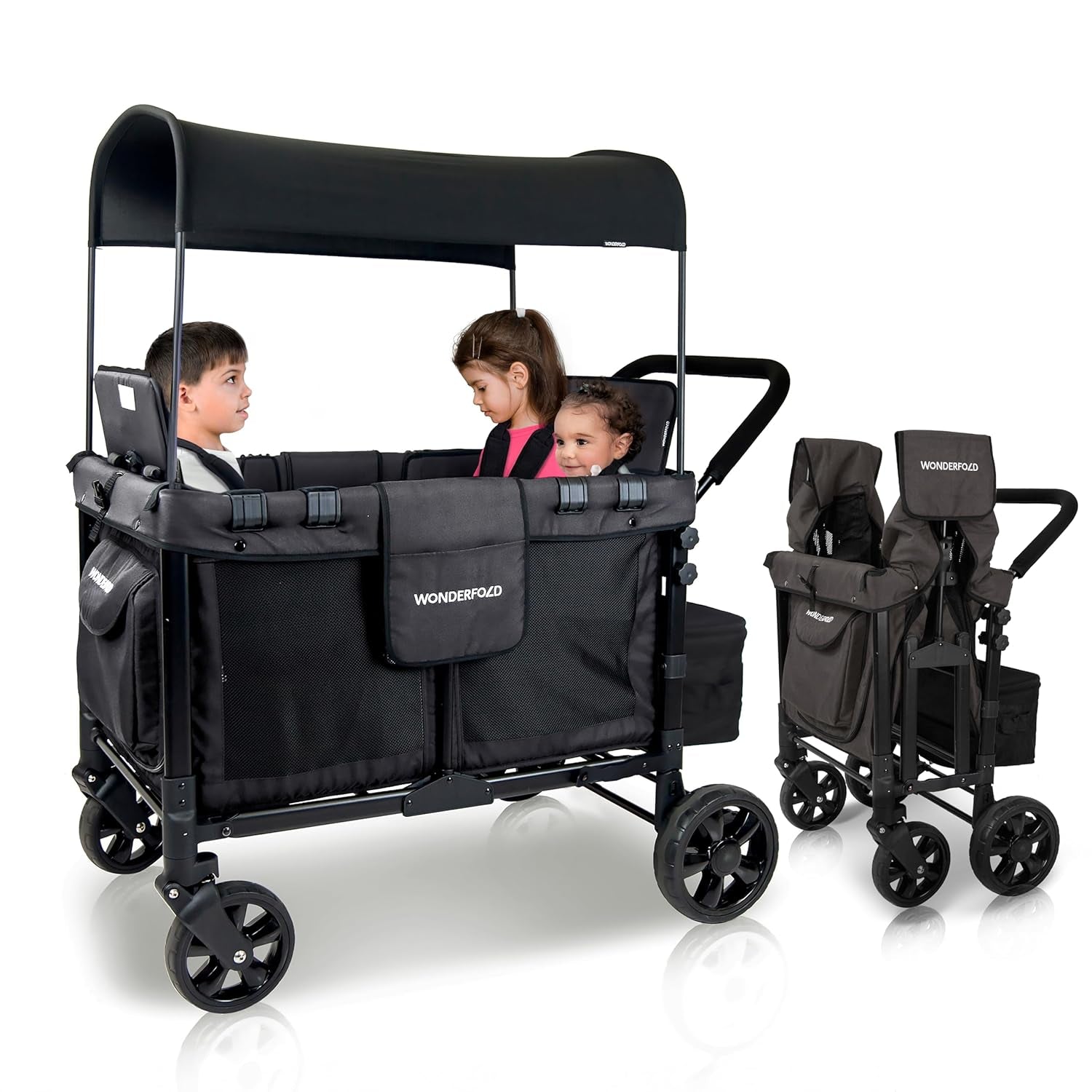 W4 Original Stroller Wagon (4 Seater) - Collapsible Wagon Stroller with Seats with 5-Point Harnesses, Easy Access Zipper Door, and Removable Sun Canopy, Black