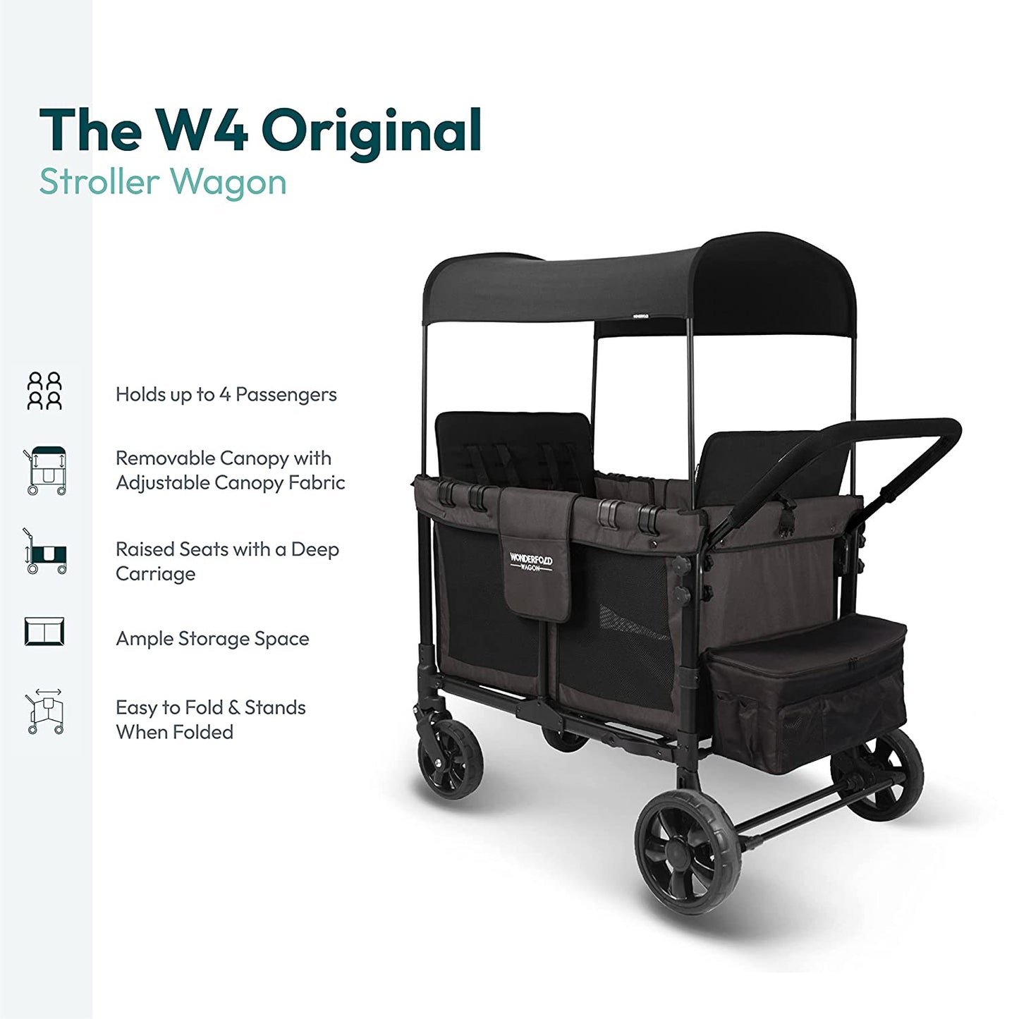 W4 Original Stroller Wagon (4 Seater) - Collapsible Wagon Stroller with Seats with 5-Point Harnesses, Easy Access Zipper Door, and Removable Sun Canopy, Black